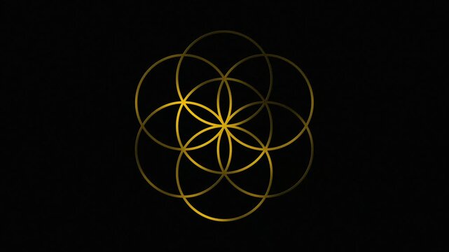 Geometric gold floral icon symbol. Line art. Flower circle and element. Curved lines. Isolated on black. For pattern, logo, decoration. Animated gold lines. Outline style. Linear flower tile.
