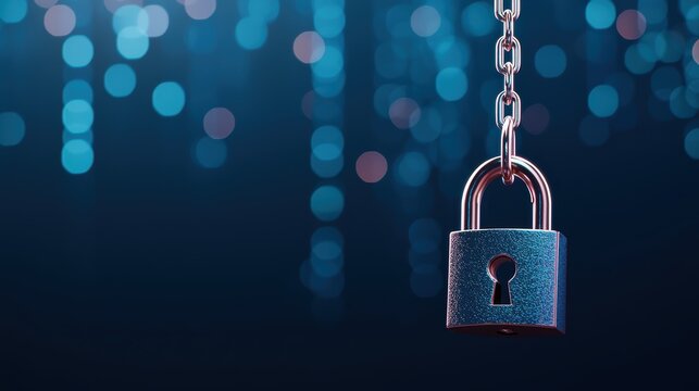 A highly detailed, brass padlock with an intricate keyhole design, hanging on a heavy chain, against a backdrop of blurred binary code.