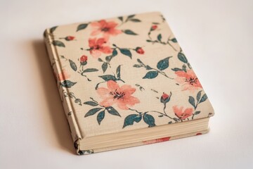 A floral patterned book resting on a plain white surface
