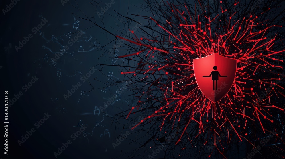 Poster a graphic illustration of a network protected by a shield icon, with hacker figures being repelled a