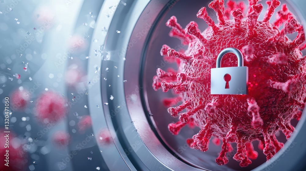 Poster a conceptual image of a digital virus being contained within a secure vault represented by a padlock
