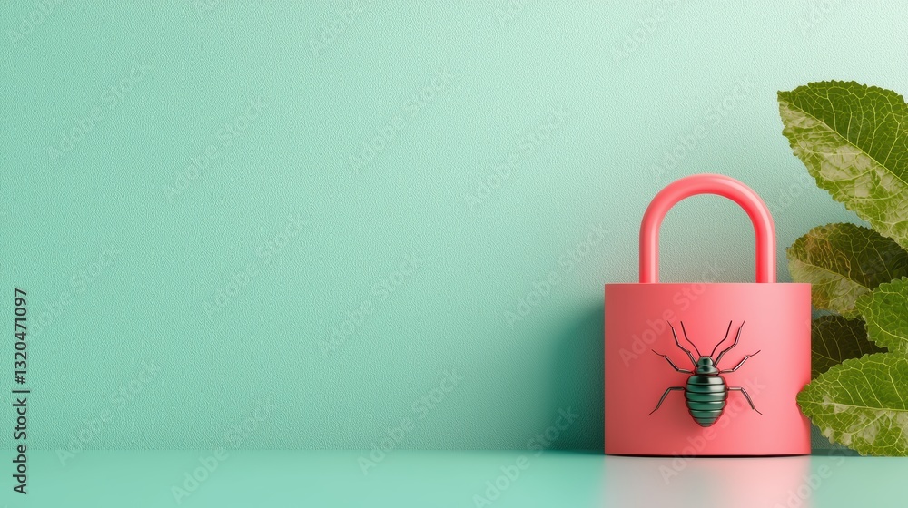 Poster a lock icon with a bug symbol being blocked by a red barrier, symbolizing the prevention of malware 