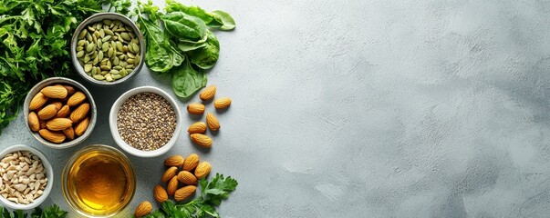 A minimalist flat lay showcases a vibrant assortment of raw vegan ingredients, creating an image that evokes a sense of health and vitality The nuts, seeds, and fresh greens are meticulously arranged