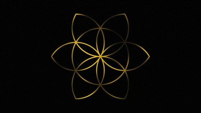 Geometric gold floral icon symbol. Line art. Flower circle and element. Curved lines. Isolated on black. For pattern, logo, decoration. Animated gold lines. Outline style. Linear flower tile.
