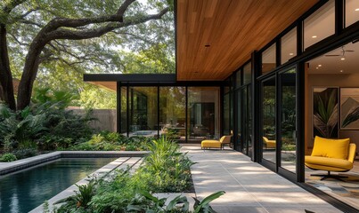 Modern outdoor living space with lush greenery, pool, and stylish yellow chairs, showcasing seamless indoor-outdoor integration in a serene setting