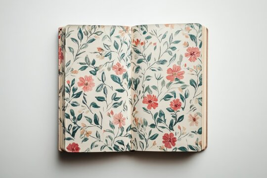 An open journal with floral patterned pages and a plain backdrop