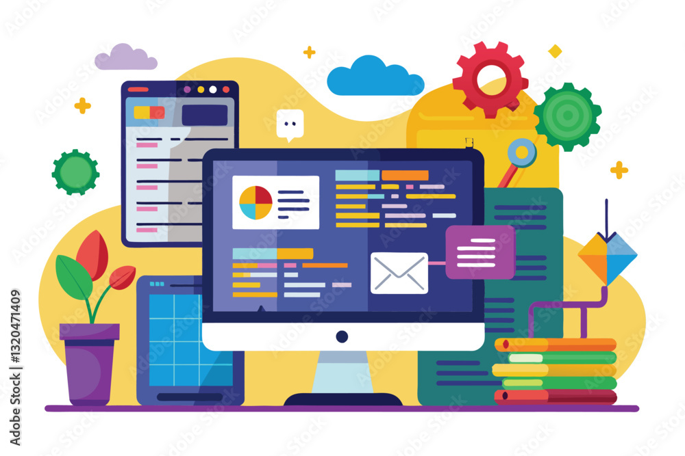 Poster a vibrant workspace features a computer displaying code, surrounded by plants and tools, promoting c