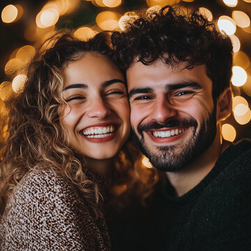 A cheerful young couple in front of warm bokeh lights, festive vibe, holiday, love concept