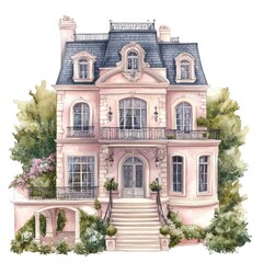 Watercolor illustration of a Parisian pink mansion with lush gardens