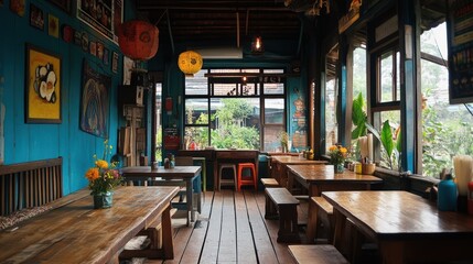 Naklejka premium Bohemian cafe interior with wooden tables and vibrant decor
