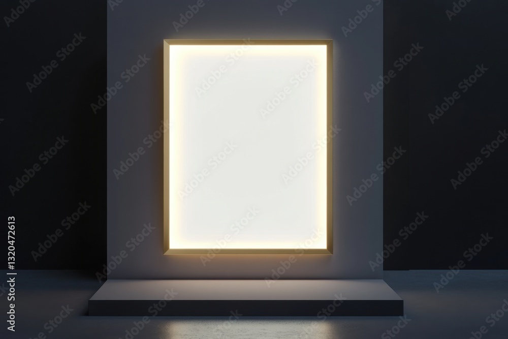Poster bright vertical lines create elegant framing around a central blank screen on a light-gray platform