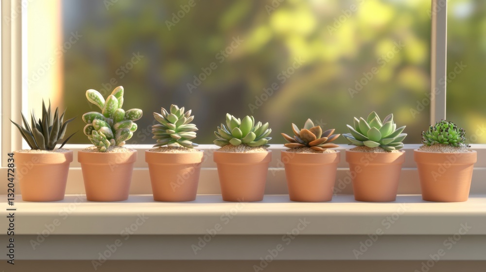 Poster collection of assorted small potted succulents displayed neatly on a neutral windowsill