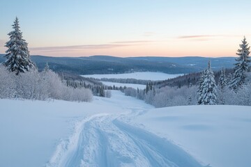 Serene Winter Landscape with Snow-Covered Trees and Pathway