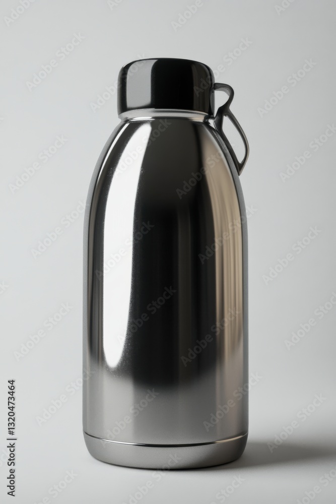 Poster reflective vacuum flask on neutral background highlights modern design and functionality
