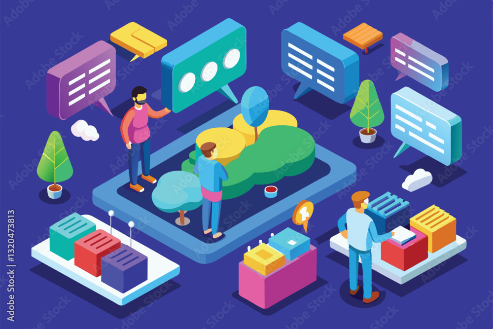 Poster two people interact with customizable speech bubbles in a colorful, isometric workspace filled with 