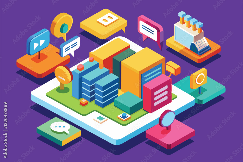 Poster a colorful isometric illustration showcases customizable speech bubbles around an urban setting with