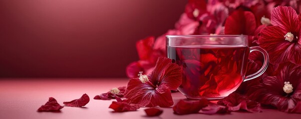 A steaming cup of crimson hibiscus tea rests gracefully amid a flurry of delicate petals, their vibrant colors mirrored in the tea's deep, jewel-toned depths The transparent cup offers a glimpse into