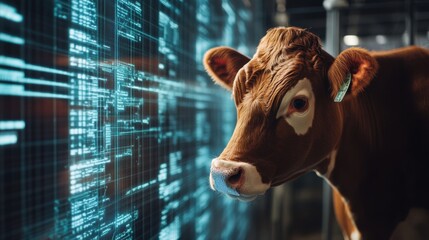 Digital farming innovation, brown cow under soft lighting in a tech-enhanced barn, data projections showcasing AI-driven analytics