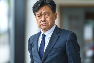Fototapeta premium A mature Asian man in a suit with a contemplative expression, reflecting on a recent decision at the workplace.