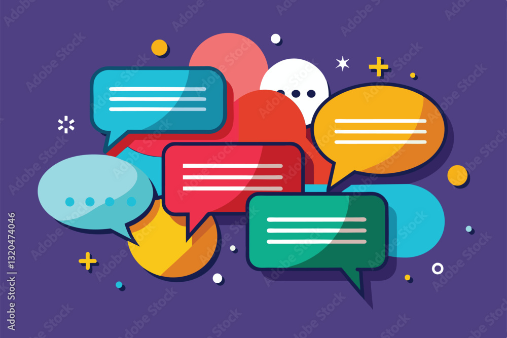 Poster brightly colored speech bubbles float in a dynamic arrangement, perfect for expressing ideas or dial