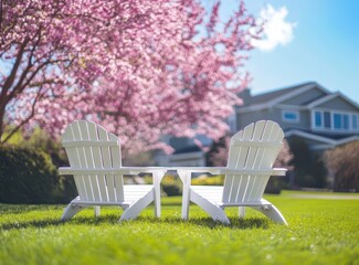 Peaceful Garden Scene with White Adirondack Chairs and Blossoming Pink Trees Under Clear Blue Sky for Relaxation and Outdoor Leisure Activities