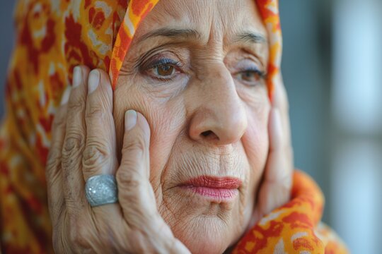 An elderly woman with Middle Eastern features, wearing an orange patterned hijab, expresses deep emotions in her thoughtful gaze.