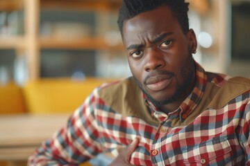 Obraz premium Pensive young Black man looking thoughtfully while seated in a cozy café setting, surrounded by warm colors.