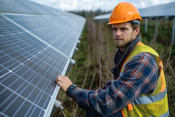 A young Caucasian male technician in an orange hard hat and reflective vest inspects solar panels in a renewable energy field.