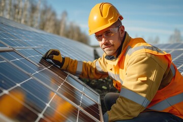 A male worker in a hard hat and safety gear inspects solar panels under a clear blue sky.