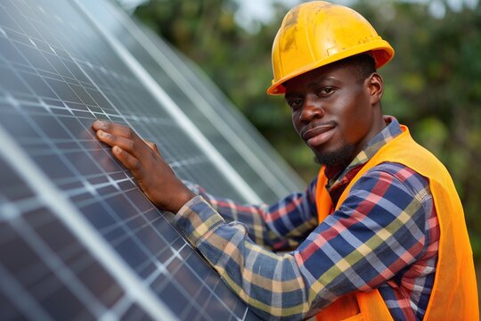 A young Black male technician carefully inspects solar panels while wearing a hard hat and safety vest.