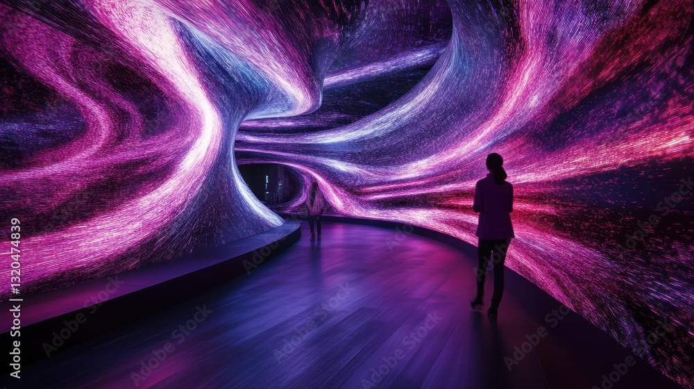Poster dynamic neon-lit data streams swirling in a digital landscape, representing ai and information flow.