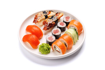Assorted sushi and maki rolls beautifully arranged on plate