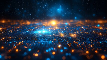 Naklejka premium Abstract Futuristic Digital Network Glowing Particles and Lines Blue and Orange