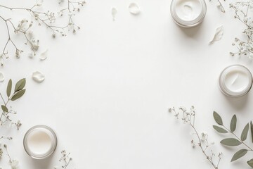 White cosmetic jars, floral arrangement, minimalist aesthetic, blank space for text, product presentation