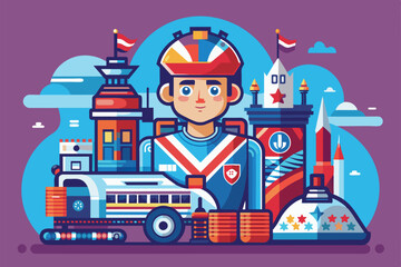 A cyclist stands proudly surrounded by various landmarks and vehicles, representing a vibrant cityscape, Sponsor Customizable Semi Flat Illustration