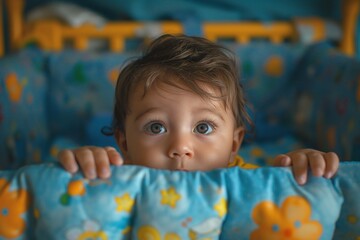 Fototapeta premium Curious baby boy with brown hair peeks over the edge of a crib, showcasing expressive blue eyes and a playful demeanor.