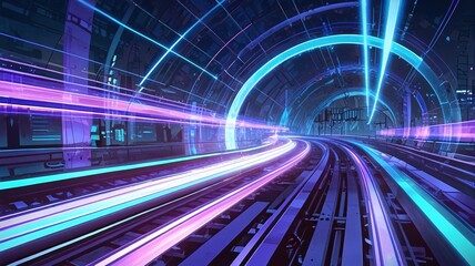 Fototapeta premium A Futuristic Hyperloop Journey Through A Neon-lit Tunnel, Vibrant Pink And Blue Streaks Illuminating The High-speed Track, A Breathtaking Vision Of Tomorrows Transportation