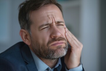 Obraz premium A middle-aged Caucasian man grimaces in discomfort, holding his jaw, indicating dental pain in a professional setting.