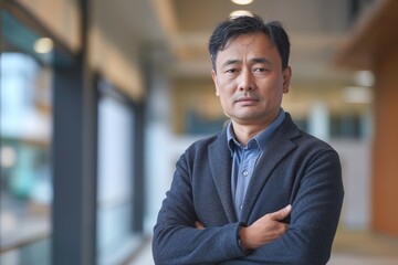 Fototapeta premium A serious middle-aged Asian man stands confidently with arms crossed, exuding professionalism in a modern office setting.