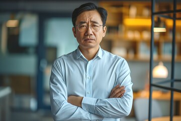 Obraz premium Confident Asian man in a light blue shirt stands with arms crossed in a modern office setting, exuding professionalism.