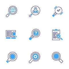 Search magnifiers icon set. Bold line style. Duotone colors. Editable stroke. searching, search, magnifying glass, question, quality control, searcher