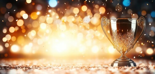 A glamorous trophy shines against a backdrop of sparkling lights, Perfect for capturing the essence of competition, achievement, and the golden moment of standing on the podium as a champion