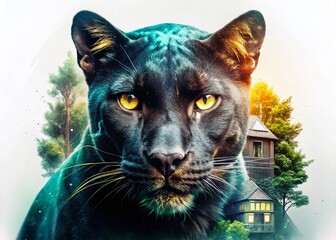 Abstract Double Exposure: Wild Panther & Domestic Cat Portrait - Fashion Photography