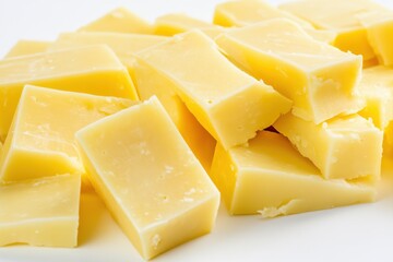 Professional stock photo of manchego cheese pieces arranged on a clean white background