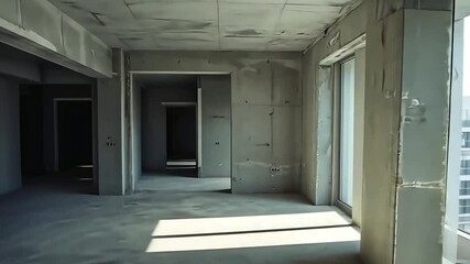 Sunlight illuminating unfinished concrete room with large windows during building construction