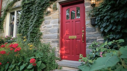 Fototapeta premium Elegant red door with vintage brass hardware, nestled within a stone wall covered in vibrant green ivy and delicate climbing flowers.