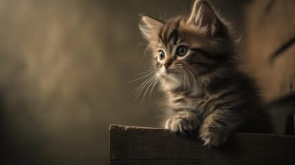 A tiny, fluffy kitten perched on a rustic wooden bench, looking curiously to the side