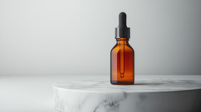 Stylish bottle of serum with amber liquid and elegant glass dropper designed for skincare and beauty regimens