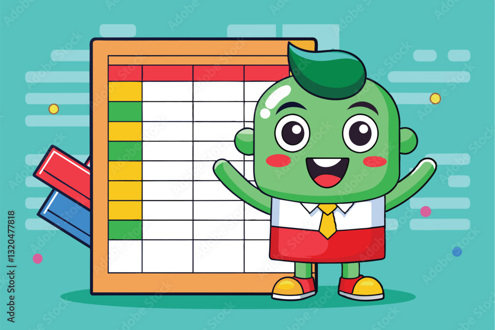 Poster a cheerful character poses next to a vibrant spreadsheet, showcasing customizable features and fun d