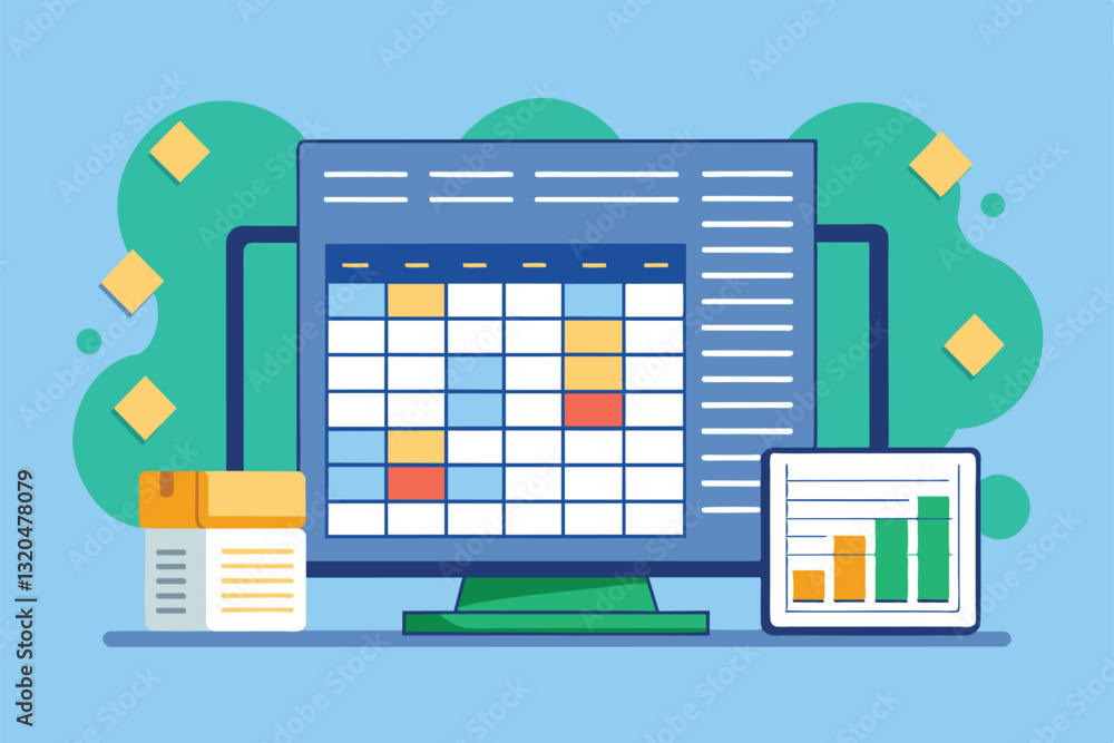 Poster a digital setup showcases customizable spreadsheets on a computer and tablet for effective data mana